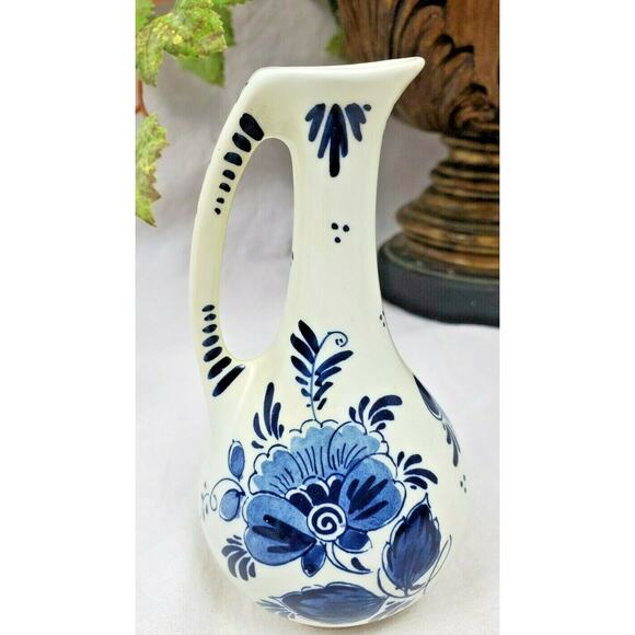 Vintage Mini Koninklijke Holland Blauw Blue Cobalt Flower Delfe Pitcher Handmade - Picture 2 of 6
